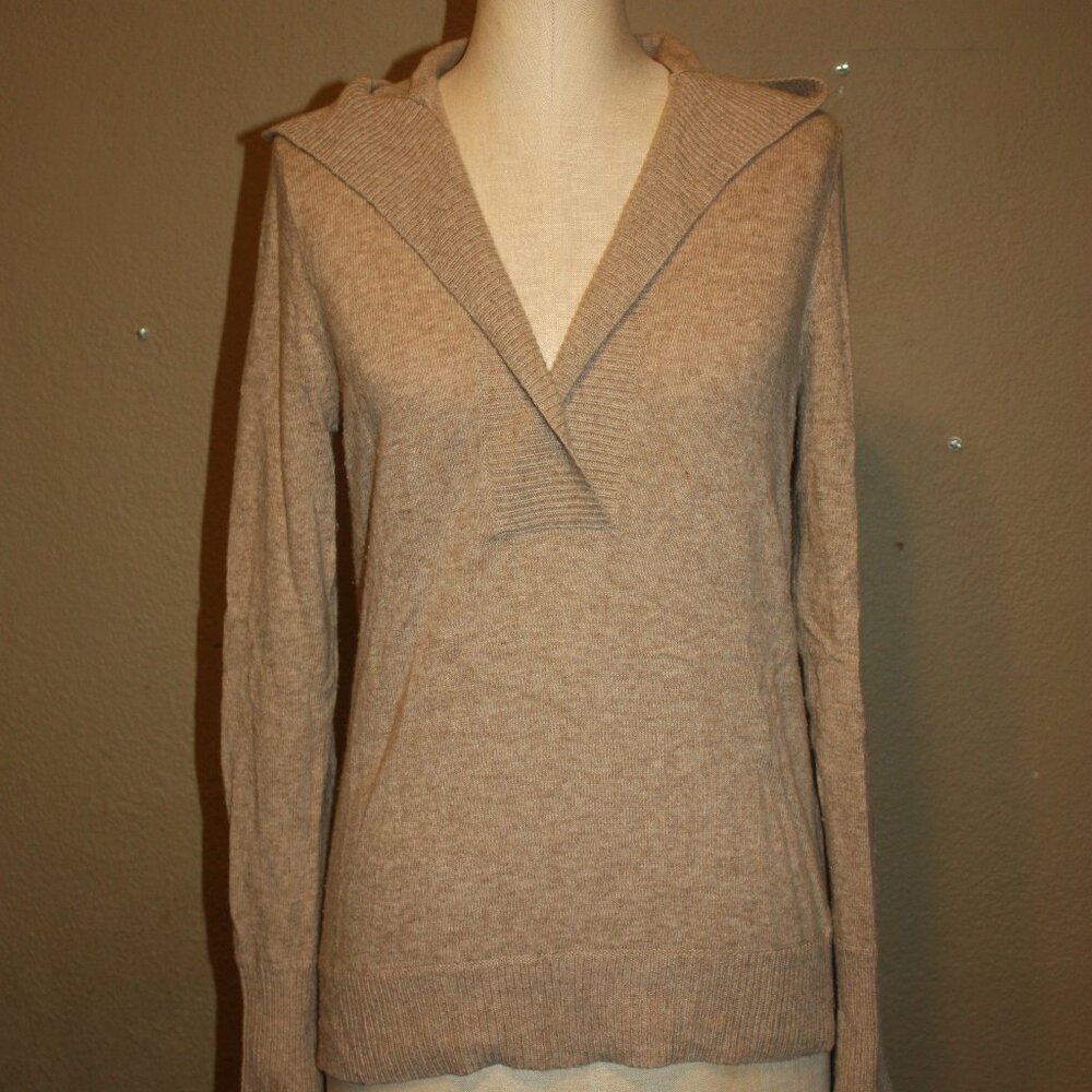 J.CREW V NECK KNITTED WOOL BLEND LIGHT BROWN HOODED SWEATER - MEDIUM 4 6